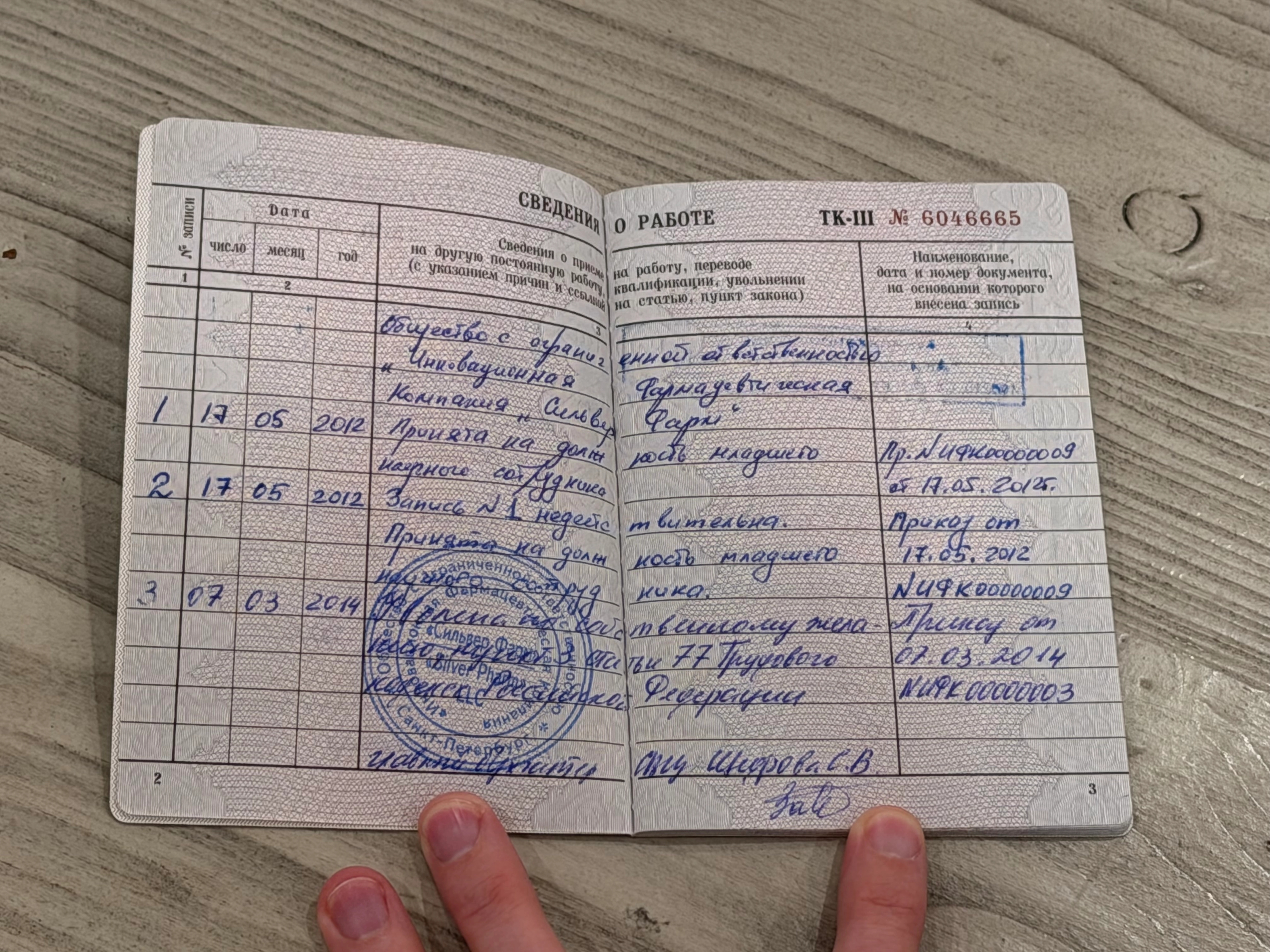 Nadezhda Zavyalova’s employment record signed by Alexander Nikiforov